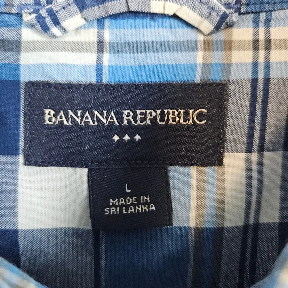 Banana Republic Mens Button Up Shirt Size L Blue Plaid Long Sleeve Cotton Casual